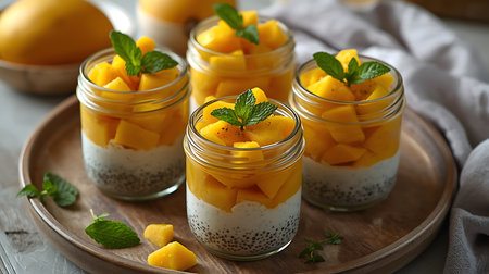 Mango Chia Yogurt in Glass Jars with Mintの素材