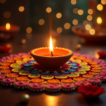 Vibrant Festival of Lights with Rangoli and Shining Diya Lampの素材