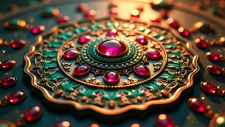 Ornate Metallic Mandala with Emerald and Ruby Accentsの素材