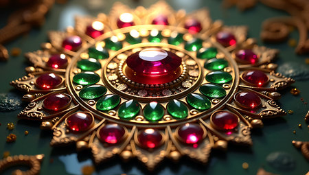Intricate Metallic Pattern with Emerald and Ruby Detailsの素材