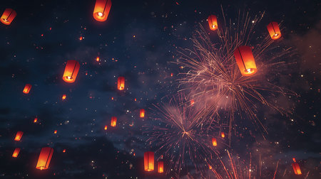 Cinematic Sky Filled with Lanterns and Bright Explosionsの素材