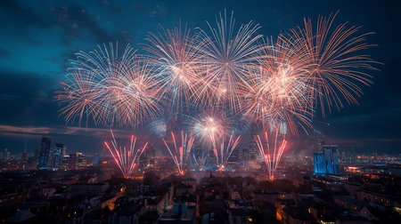 Cinematic Fireworks Explosion Over Modern Cityscapeの素材