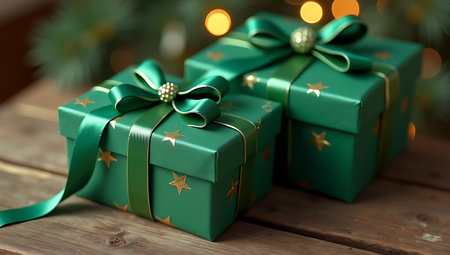 Green Matte Gift Boxes on Wooden Tableの素材