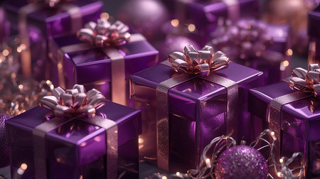 Elegant Purple Holiday Gift Packaging with Gold Detailsの素材