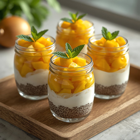 Healthy Mango Chia Dessert Served in Mason Jarsの素材