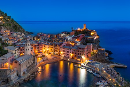 The colorful village of Vernazza at twilight  Cinque Terre, Italy  