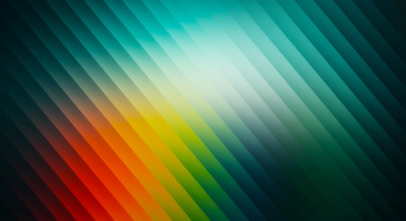Diagonal gradient stripes in red orange yellow green and teal create an abstract background pattern.の写真素材