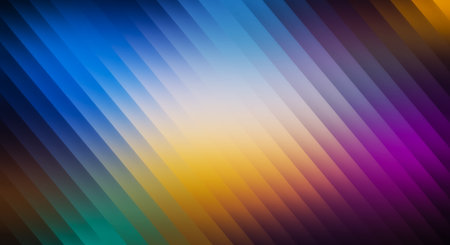 Diagonal stripes blend in a gradient of blue yellow purple and teal. The colors are smooth and bright creating an abstract background pattern.の写真素材