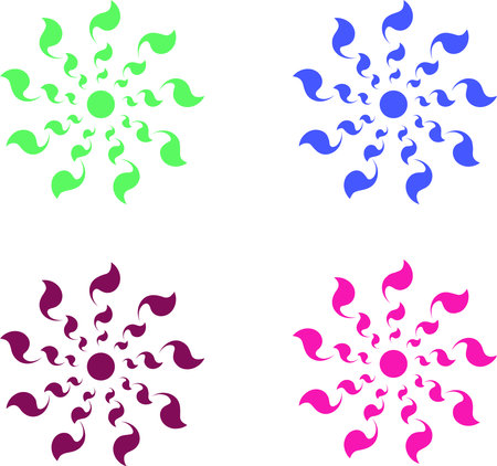 Vibrant Abstract Floral Patterns in Four Colors. The image features four abstract floral patterns, each rendered in a different vibrant color green, blue, purple, and pinkの写真素材