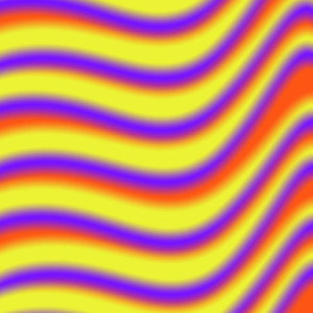 The image features a wavy pattern with alternating bands of bright yellow, red-orange, and deep purple. The colors blend smoothly, creating a gradient effect that gives the patternの写真素材