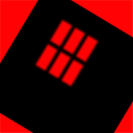 The image features a bold, abstract design with a black square rotated at an angle, creating a diamond-like shape against a red background.の写真素材