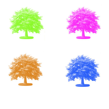 The image contains four digitally rendered trees, each with a distinct color, set against a white background.の写真素材