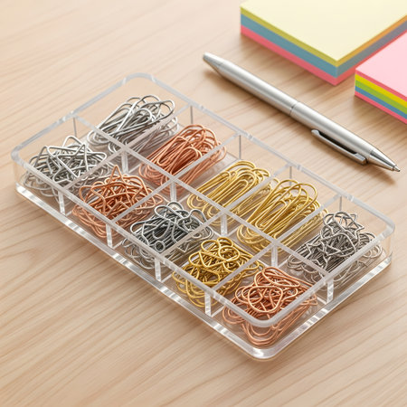 A clear plastic organizer filled with various metal jewelry findings, including clasps, jump rings, and charms, next to a pen and sticky notes.の素材