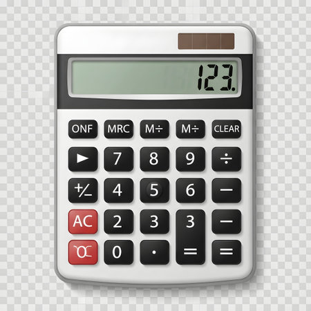 A white electronic calculator with a clear digital screen and a full numeric keypad is shown on a transparent background.の素材
