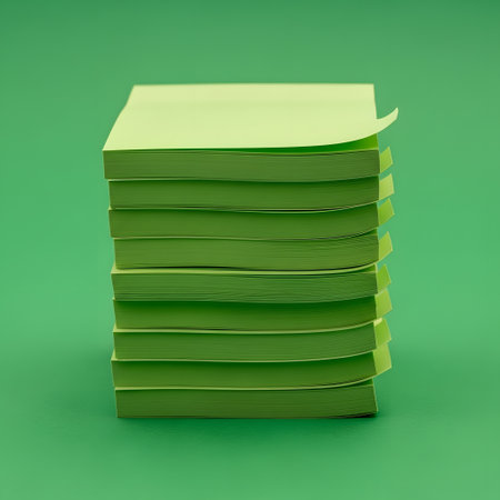 A tall stack of light green sticky notes is centered against a solid green backdrop, creating a simple and clean composition.の素材