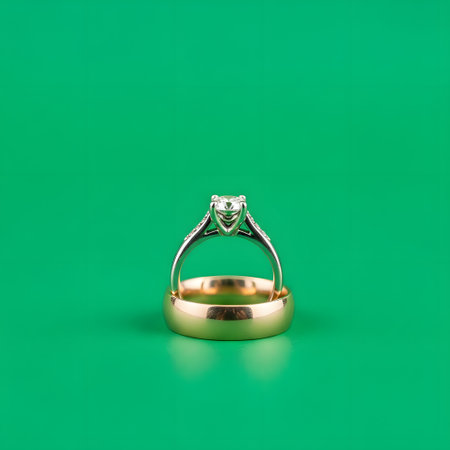 A classic diamond engagement ring rests atop a plain gold wedding band, both set against a vibrant, solid green backdrop.の素材