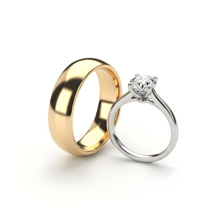 A classic gold wedding band sits beside a sparkling diamond engagement ring, symbolizing commitment and love.の素材