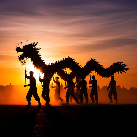 A group of people in silhouette perform a dragon dance at sunset, with the dragon's body stretching across the frame against a colorful sky.の素材