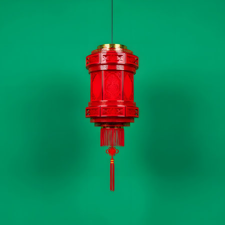 A single, ornate red Chinese lantern with intricate details hangs suspended against a solid, bright green backdrop.の素材