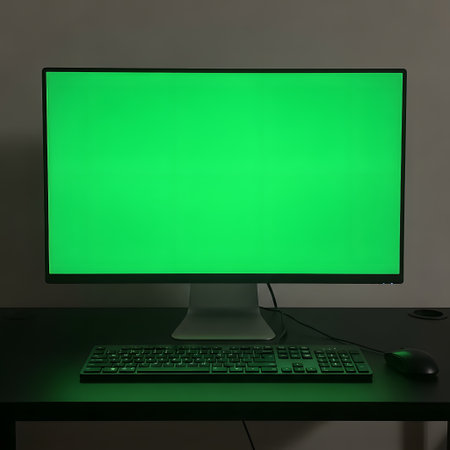 A modern computer monitor with a bright, solid green screen sits on a desk with a keyboard and mouse.の素材
