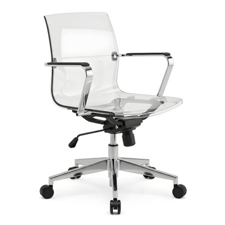 A sleek, contemporary white mesh office chair featuring a polished chrome base and five rolling casters for easy mobility.の素材