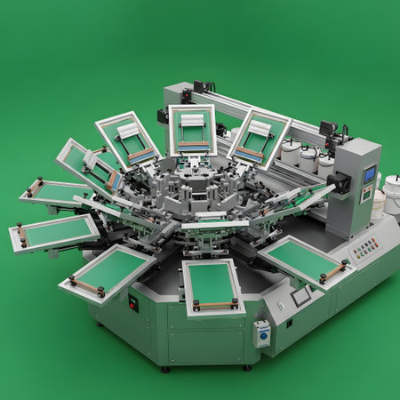 A multi-station automated rotary screen printing machine with green platens is shown against a solid green background. This industrial equipment is designed for high-volume textile printing.の素材
