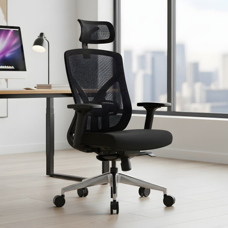 A modern black mesh office chair with adjustable lumbar support and a headrest sits next to a desk with a computer.の素材