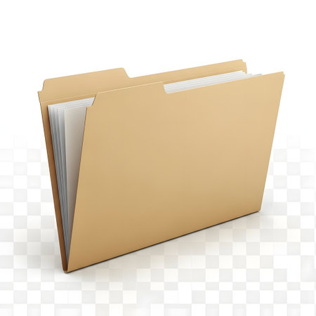 A single, open manila folder is shown, revealing stacks of papers and documents inside. The folder is made of brown cardstock and stands upright.の素材