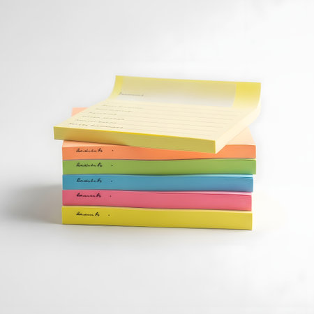 A vibrant stack of assorted colored sticky notes is neatly piled against a clean white backdrop, ready for jotting down reminders.の素材