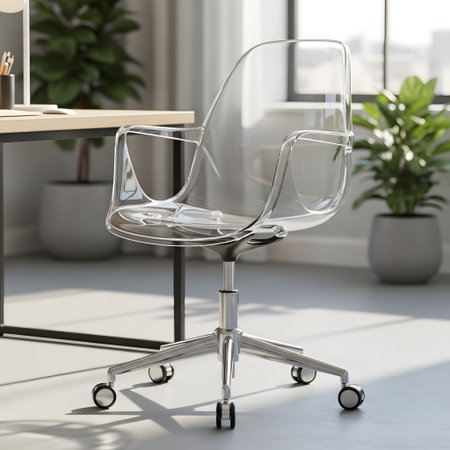A sleek, transparent acrylic office chair with a polished chrome base and wheels sits next to a desk. Green plants add a touch of nature.の素材