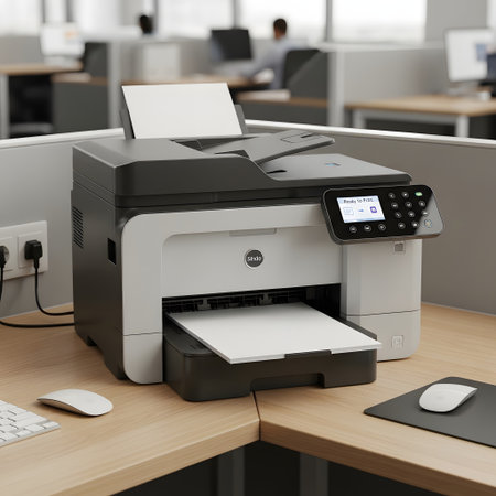 A contemporary office multifunction printer sits on a wooden desk, ready for use with paper in its output tray.の素材