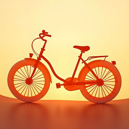 A vintage style bicycle is silhouetted against a vibrant orange and yellow sunset, casting a warm glow.の素材