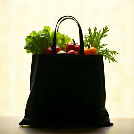 A black fabric tote bag overflowing with colorful fruits and vegetables, suggesting a healthy grocery haul.の素材