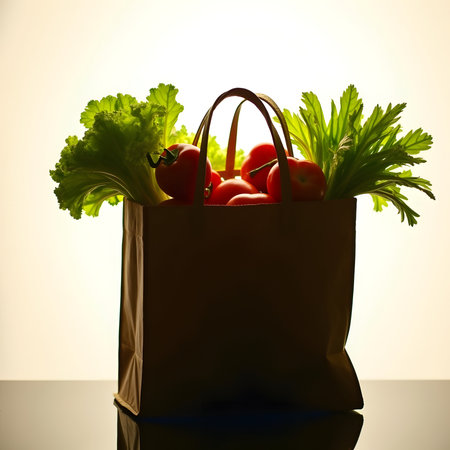 A silhouette of a brown paper grocery bag overflowing with vibrant green lettuce and red tomatoes against a soft, diffused background.の素材