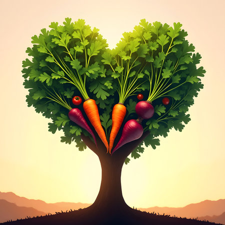 A stylized tree with a heart-shaped canopy, adorned with ripe carrots and beets, symbolizing healthy eating and nature's bounty.の素材