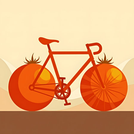 A whimsical illustration of a bicycle where the wheels are replaced with vibrant, ripe tomatoes, set against a soft, muted background.の素材