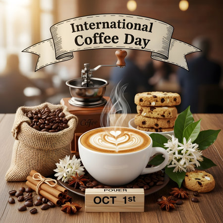 A warm and inviting scene featuring a latte, coffee beans, cookies, and cinnamon sticks, perfect for International Coffee Day.の素材