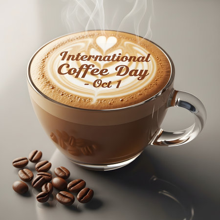 A clear glass mug filled with hot coffee, topped with latte art spelling out International Coffee Day Oct 1, with scattered coffee beans nearby.の素材