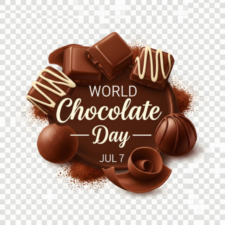 A festive arrangement of various chocolate treats, including bars and truffles, surrounds text celebrating World Chocolate Day on July 7th.の素材