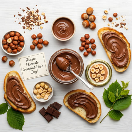 A top-down view of hazelnut chocolate spread on toast, surrounded by whole hazelnuts, chopped nuts, and mint leaves.の素材