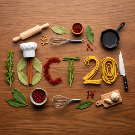 A flat lay arrangement of kitchen tools, spices, herbs, and pasta forming the words "OCT 20" on a wooden surface.の素材