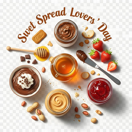 A delightful assortment of sweet spreads including chocolate, peanut butter, and jam, perfect for a holiday or special occasion.の素材