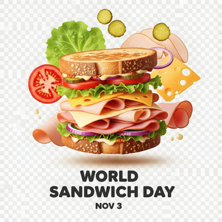A tall, stacked sandwich with fresh ingredients like lettuce, tomato, cheese, and meat, celebrating World Sandwich Day.の素材