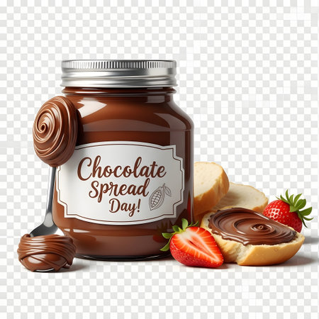 A jar of chocolate hazelnut spread, a spoon with spread, and sliced strawberries and bread on a transparent background.の素材