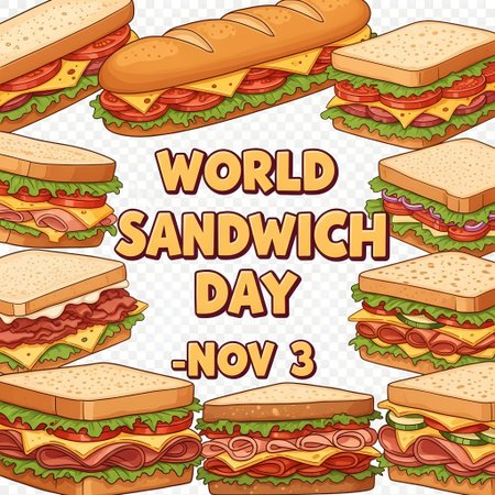 A vibrant illustration celebrating World Sandwich Day on November 3rd, featuring a variety of mouthwatering sandwiches arranged around the text.の素材