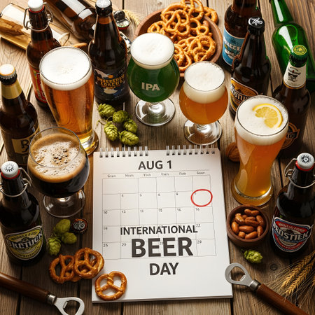 A festive spread for International Beer Day featuring various beers, pretzels, and hops, with a handwritten calendar marking the occasion.の素材