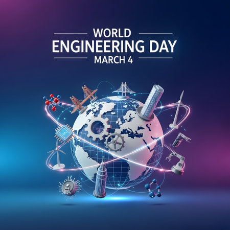 A stylized globe with interconnected technological elements and figures represents global engineering achievements and innovation on World Engineering Day.の素材