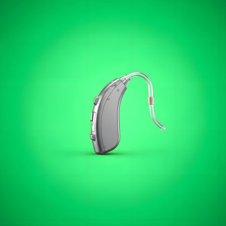 A single, discreet behind the ear hearing aid is showcased against a bright, gradient green backdrop, highlighting its design.の素材