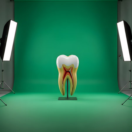 A detailed anatomical model of a human tooth is illuminated by professional studio lights against a vibrant green screen backdrop.の素材