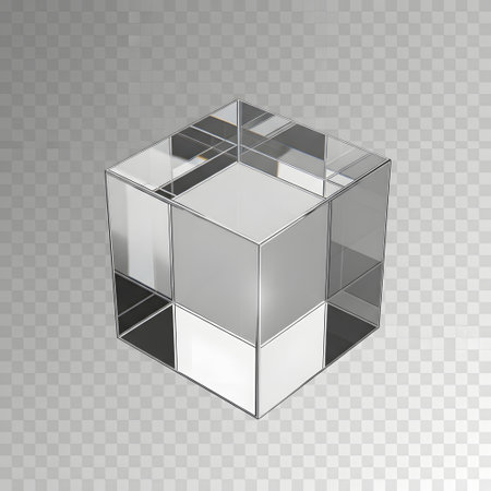 A clear, transparent cube with sharp edges and reflective surfaces, casting subtle shadows on a grey checkered background.の素材